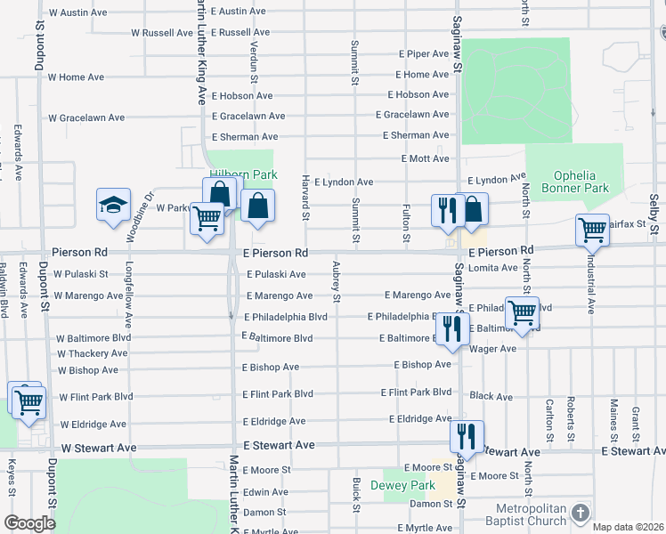 map of restaurants, bars, coffee shops, grocery stores, and more near 349 East Pulaski Avenue in Flint