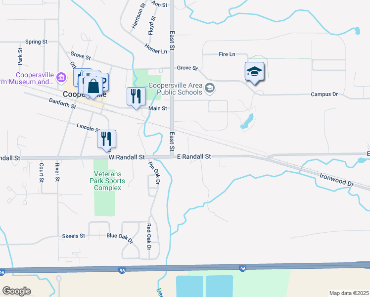 map of restaurants, bars, coffee shops, grocery stores, and more near 27 Bennett Street in Coopersville