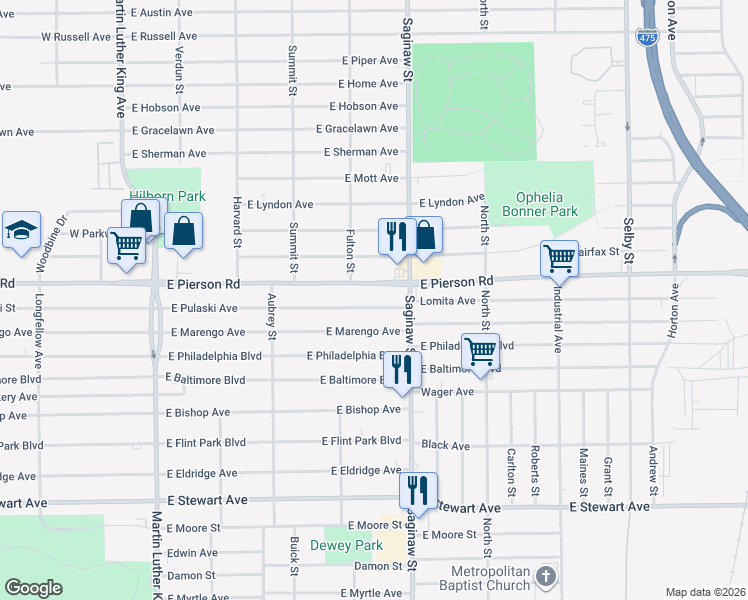 map of restaurants, bars, coffee shops, grocery stores, and more near 645 East Pulaski Avenue in Flint