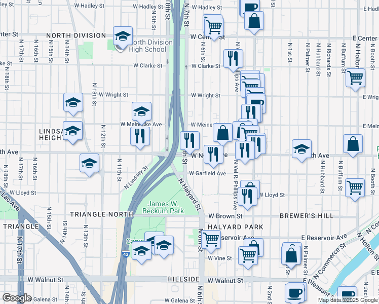 map of restaurants, bars, coffee shops, grocery stores, and more near 634 West North Avenue in Milwaukee