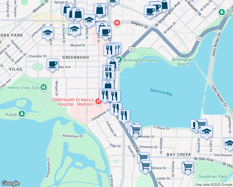 map of restaurants, bars, coffee shops, grocery stores, and more near 616 West Shore Drive in Madison
