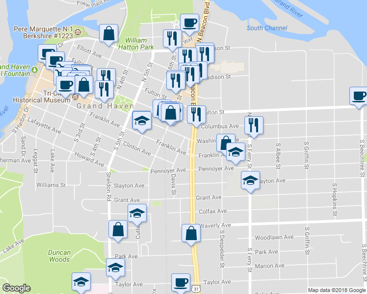 map of restaurants, bars, coffee shops, grocery stores, and more near 16 8th Street in Grand Haven
