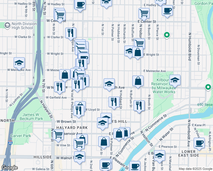 map of restaurants, bars, coffee shops, grocery stores, and more near 118 East North Avenue in Milwaukee