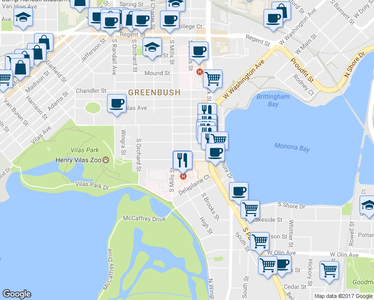 map of restaurants, bars, coffee shops, grocery stores, and more near 614 South Brooks Street in Madison