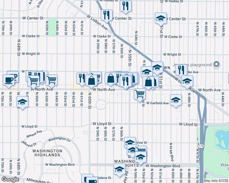 map of restaurants, bars, coffee shops, grocery stores, and more near 5629 West North Avenue in Milwaukee