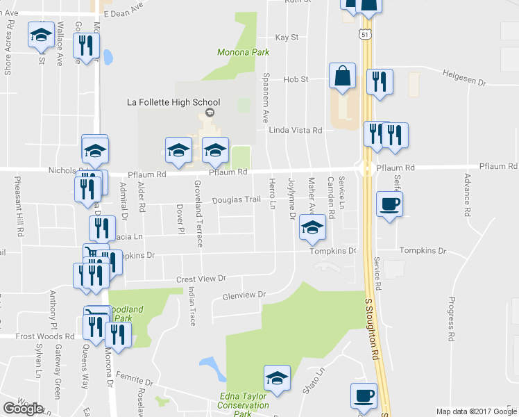 map of restaurants, bars, coffee shops, grocery stores, and more near 5404 Kvamme Lane in Madison
