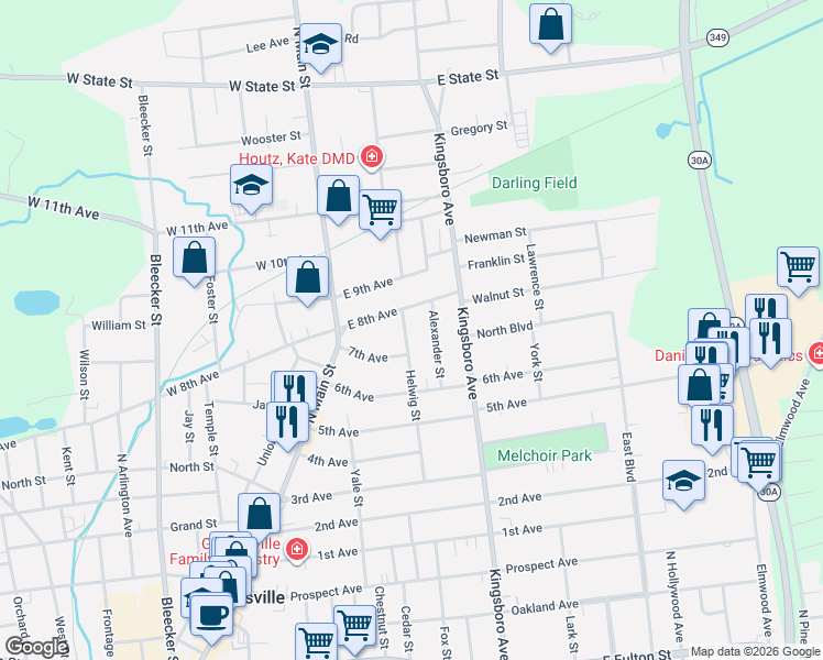 map of restaurants, bars, coffee shops, grocery stores, and more near 80 Helwig Street in Gloversville