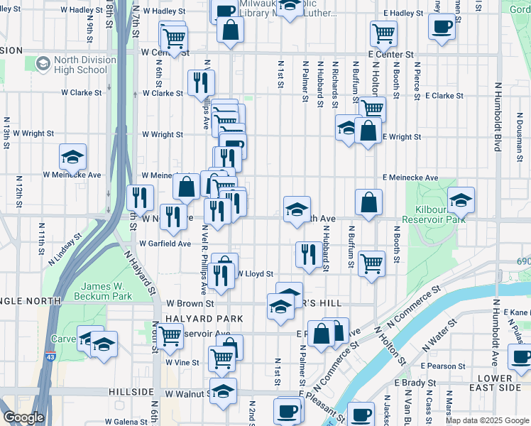 map of restaurants, bars, coffee shops, grocery stores, and more near 124 West North Avenue in Milwaukee