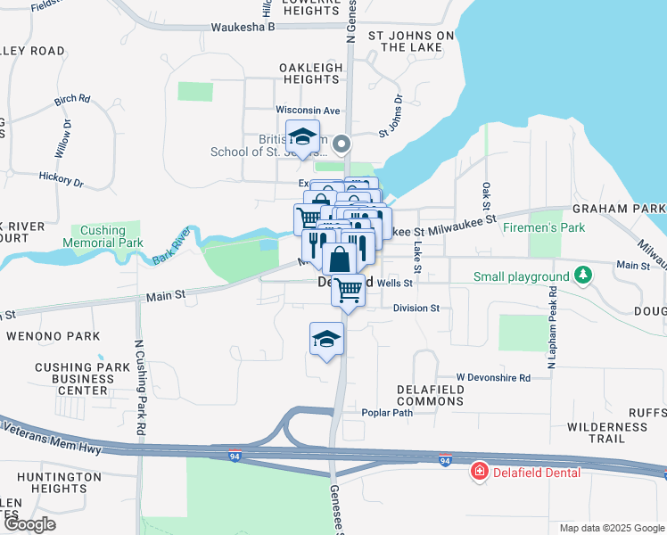 map of restaurants, bars, coffee shops, grocery stores, and more near in Delafield