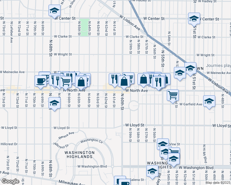 map of restaurants, bars, coffee shops, grocery stores, and more near 2274 North 61st Street in Wauwatosa