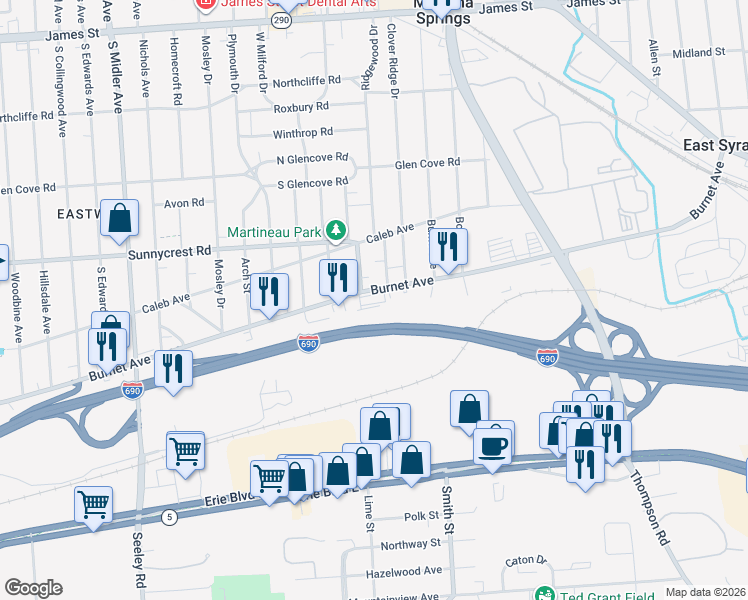 map of restaurants, bars, coffee shops, grocery stores, and more near 3056 Burnet Avenue in Syracuse