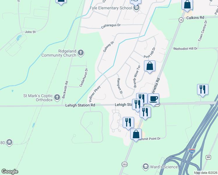 map of restaurants, bars, coffee shops, grocery stores, and more near 166 Brandy Wine Terrace South in Rochester