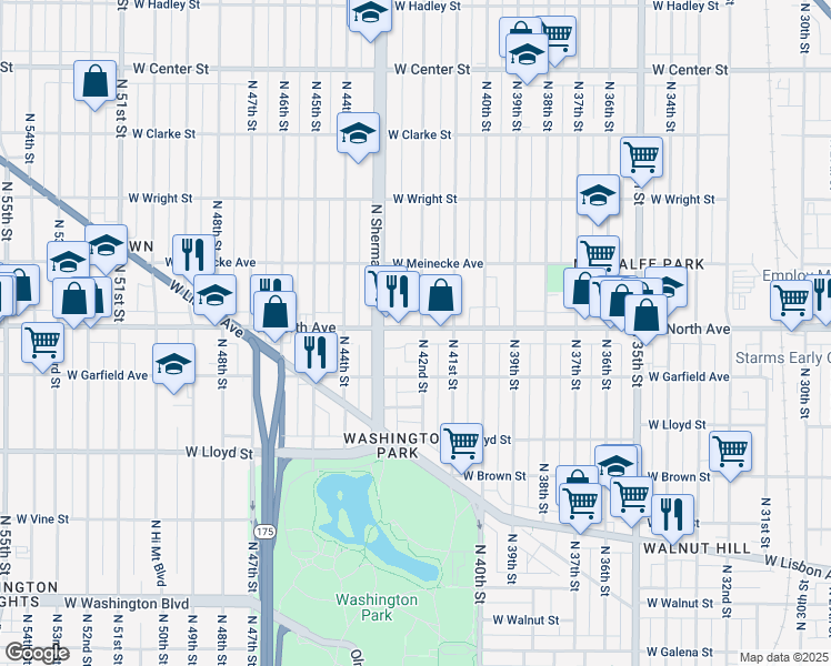 map of restaurants, bars, coffee shops, grocery stores, and more near 4221 West North Avenue in Milwaukee