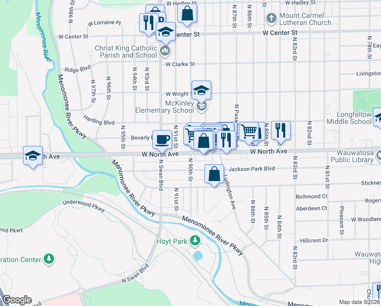 map of restaurants, bars, coffee shops, grocery stores, and more near W North Ave & N 90th St in Wauwatosa