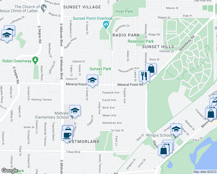 map of restaurants, bars, coffee shops, grocery stores, and more near 4109 Mineral Point Road in Madison