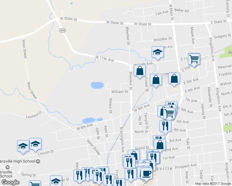 map of restaurants, bars, coffee shops, grocery stores, and more near 29 William Street in Gloversville