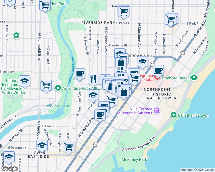 map of restaurants, bars, coffee shops, grocery stores, and more near 2310 North Oakland Avenue in Milwaukee