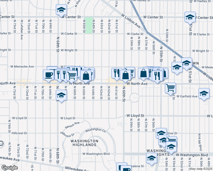 map of restaurants, bars, coffee shops, grocery stores, and more near 6207 West North Avenue in Wauwatosa