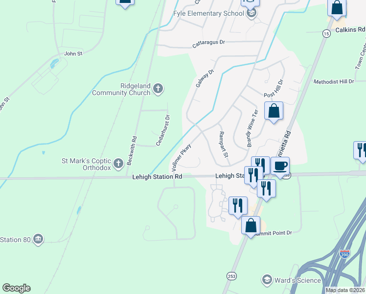 map of restaurants, bars, coffee shops, grocery stores, and more near 307 Vollmer Parkway in West Henrietta