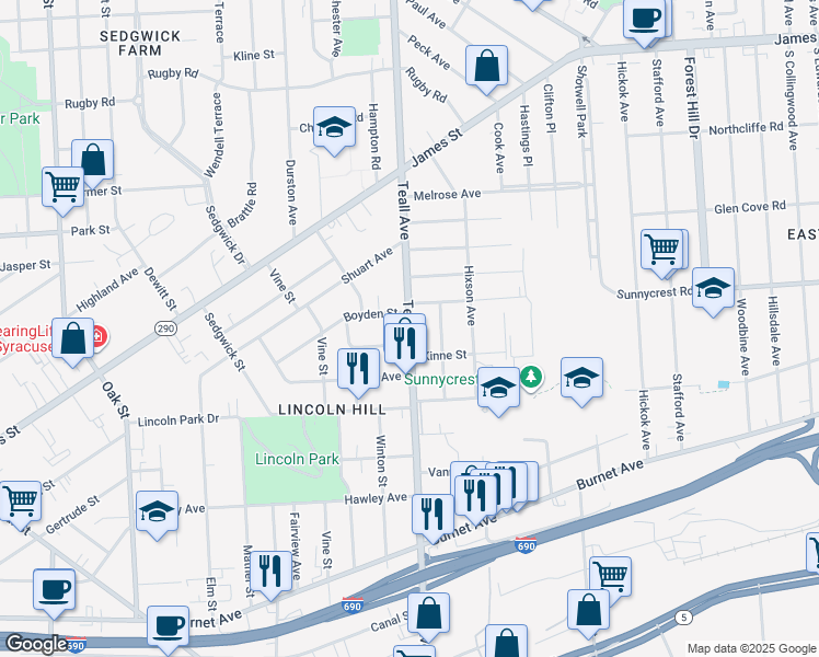 map of restaurants, bars, coffee shops, grocery stores, and more near 1014 Teall Avenue in Syracuse