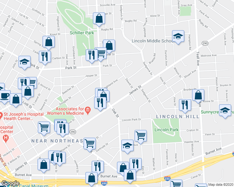 map of restaurants, bars, coffee shops, grocery stores, and more near 1025 James Street in Syracuse