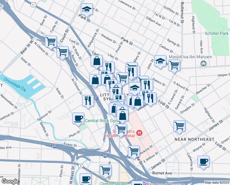 map of restaurants, bars, coffee shops, grocery stores, and more near 917 North Townsend Street in Syracuse