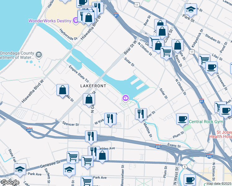 map of restaurants, bars, coffee shops, grocery stores, and more near Onondaga Creekwalk in Syracuse