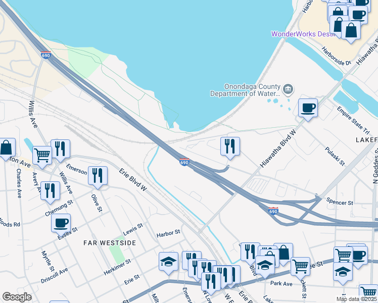 map of restaurants, bars, coffee shops, grocery stores, and more near 533 State Fair Blvd in Syracuse