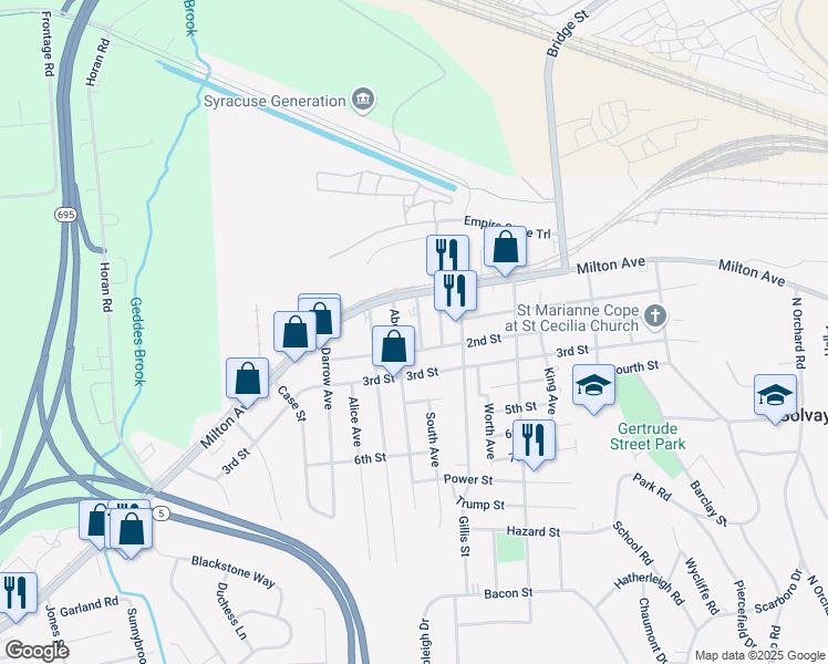 map of restaurants, bars, coffee shops, grocery stores, and more near 116 Franklin Avenue in Solvay