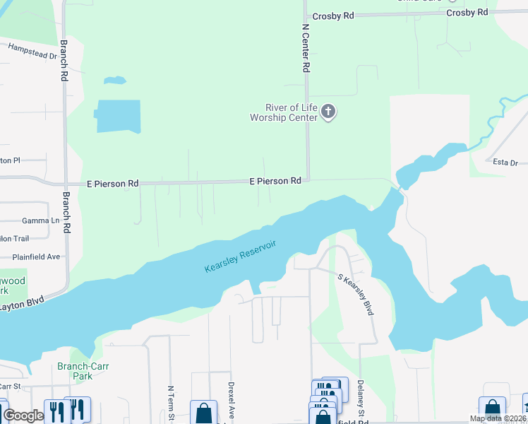 map of restaurants, bars, coffee shops, grocery stores, and more near 3466 East Pierson Road in Flint
