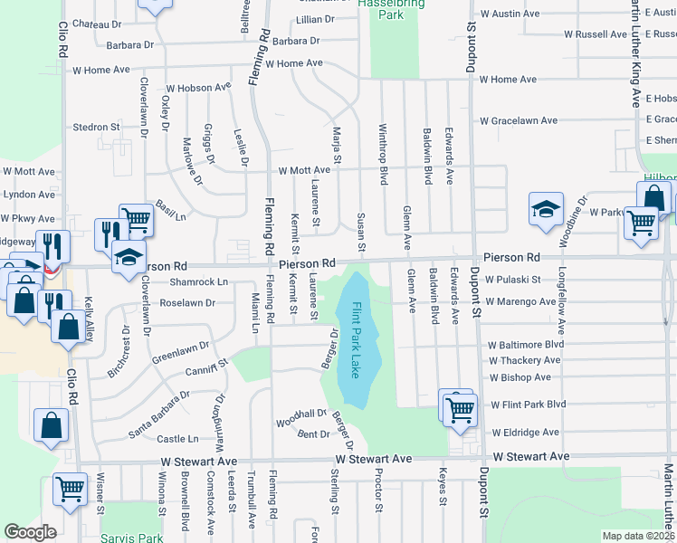 map of restaurants, bars, coffee shops, grocery stores, and more near 1317 West Pierson Road in Flint