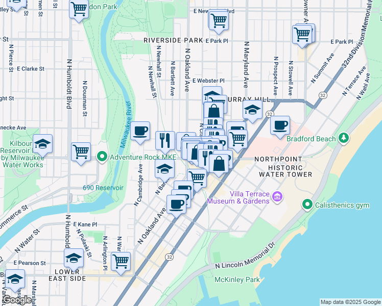map of restaurants, bars, coffee shops, grocery stores, and more near 2312 North Oakland Avenue in Milwaukee