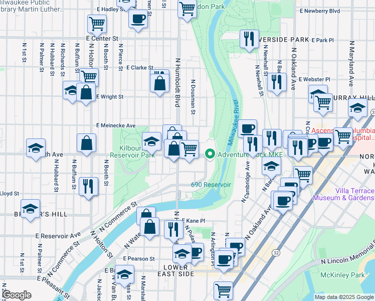 map of restaurants, bars, coffee shops, grocery stores, and more near in Milwaukee