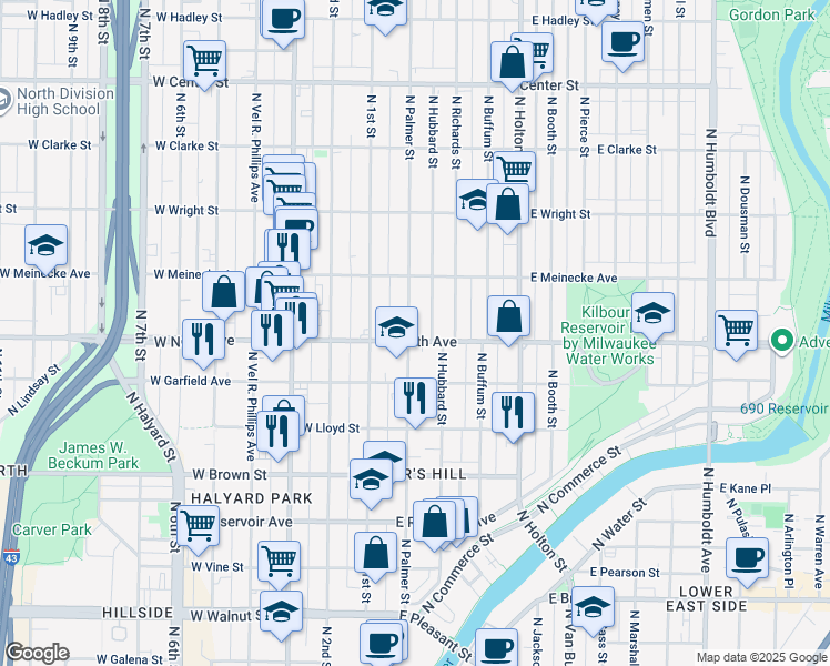 map of restaurants, bars, coffee shops, grocery stores, and more near 212 East North Avenue in Milwaukee