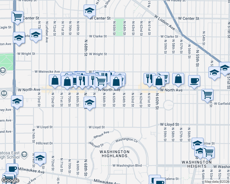 map of restaurants, bars, coffee shops, grocery stores, and more near in Wauwatosa