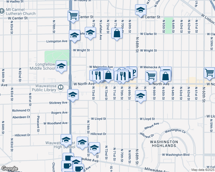 map of restaurants, bars, coffee shops, grocery stores, and more near 2272 North 72nd Street in Wauwatosa