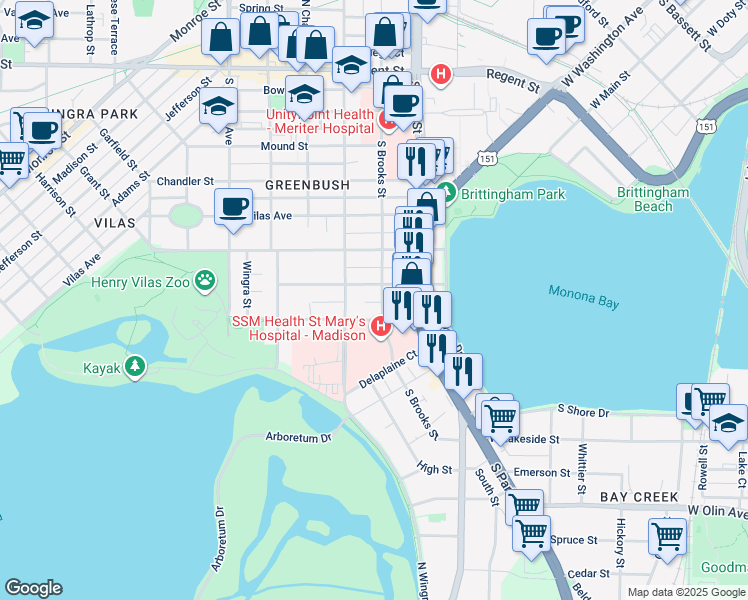 map of restaurants, bars, coffee shops, grocery stores, and more near 614 South Brooks Street in Madison