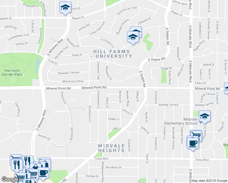 map of restaurants, bars, coffee shops, grocery stores, and more near 410 Berwyn Drive in Madison