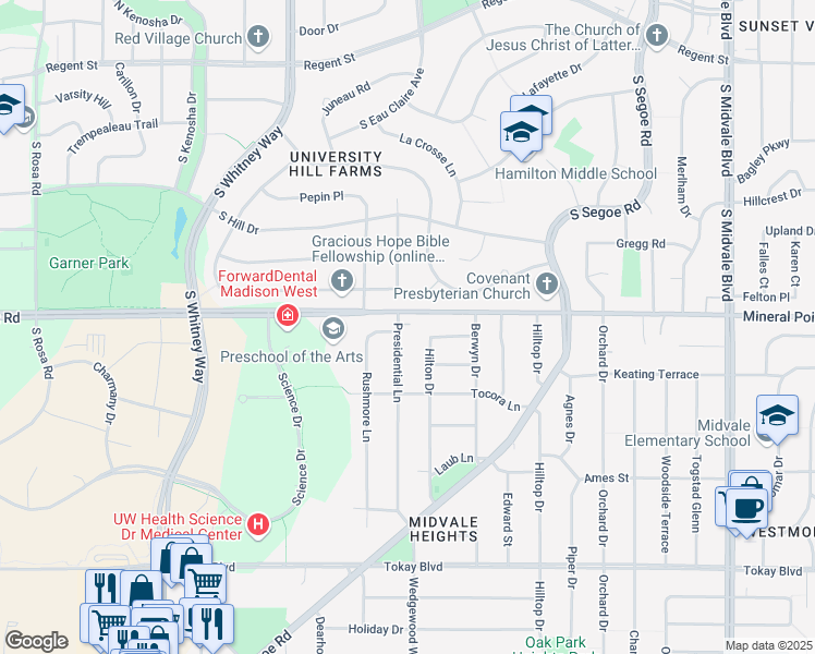 map of restaurants, bars, coffee shops, grocery stores, and more near 402 Rushmore Lane in Madison