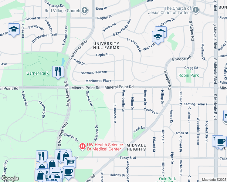 map of restaurants, bars, coffee shops, grocery stores, and more near 5103 Mineral Point Road in Madison