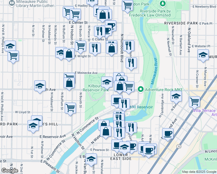 map of restaurants, bars, coffee shops, grocery stores, and more near 912-914 East North Avenue in Milwaukee