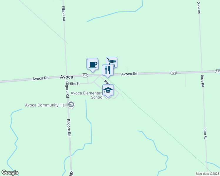 map of restaurants, bars, coffee shops, grocery stores, and more near 8765 Main Street in Avoca