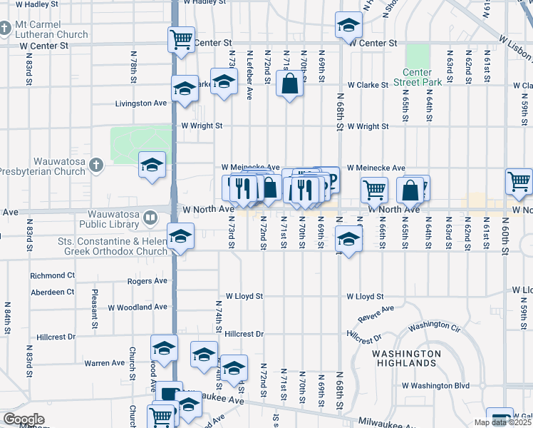 map of restaurants, bars, coffee shops, grocery stores, and more near 2272 North 72nd Street in Wauwatosa