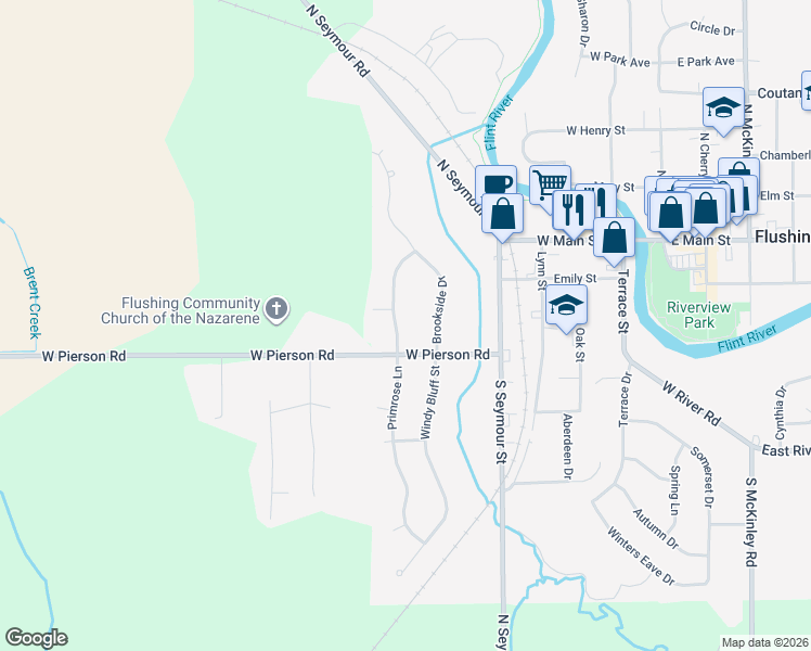 map of restaurants, bars, coffee shops, grocery stores, and more near 223 Primrose Lane in Flushing