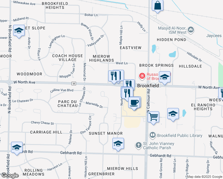 map of restaurants, bars, coffee shops, grocery stores, and more near 17585 West North Avenue in Brookfield