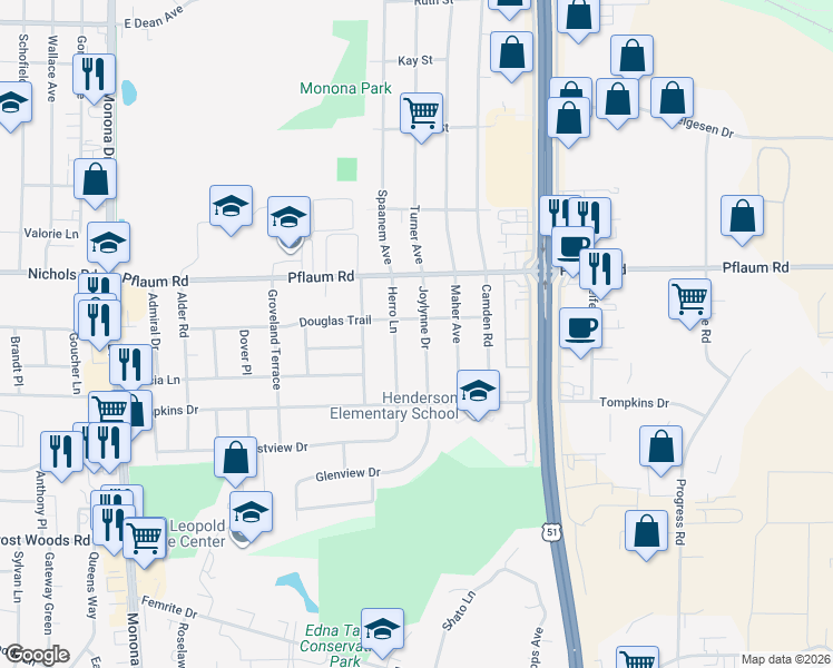 map of restaurants, bars, coffee shops, grocery stores, and more near 5405 Joylynne Dr in Madison