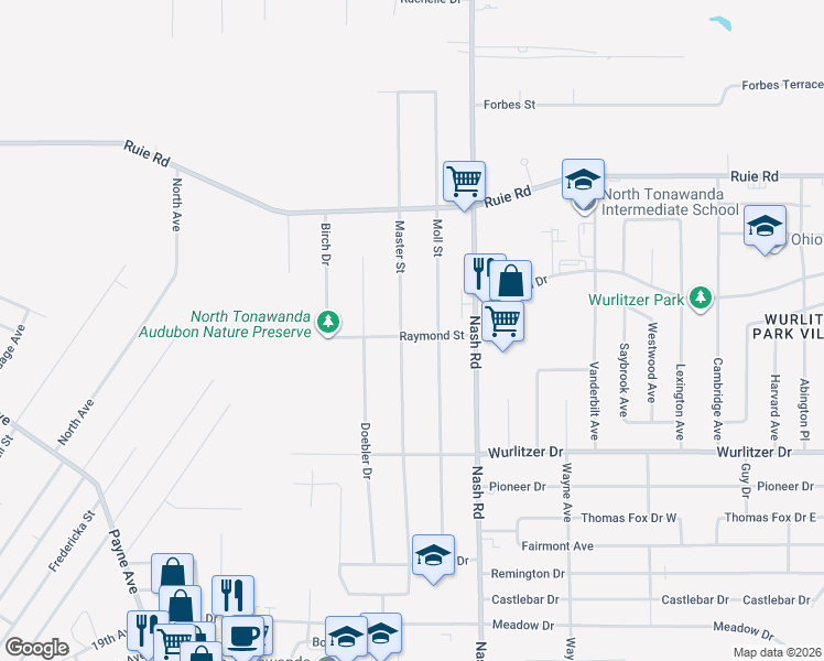 map of restaurants, bars, coffee shops, grocery stores, and more near 1377 Master Street in North Tonawanda
