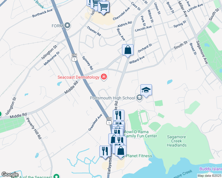 map of restaurants, bars, coffee shops, grocery stores, and more near 91 Hillside Drive in Portsmouth