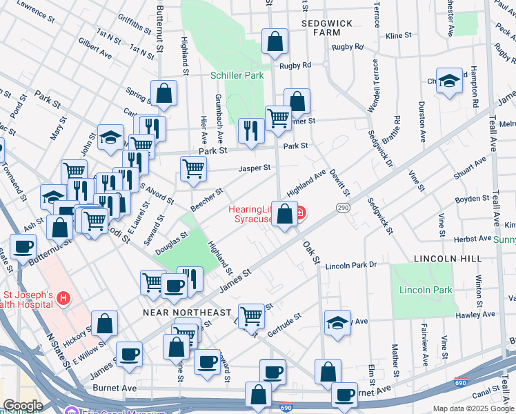 map of restaurants, bars, coffee shops, grocery stores, and more near 209 Highland Avenue in Syracuse