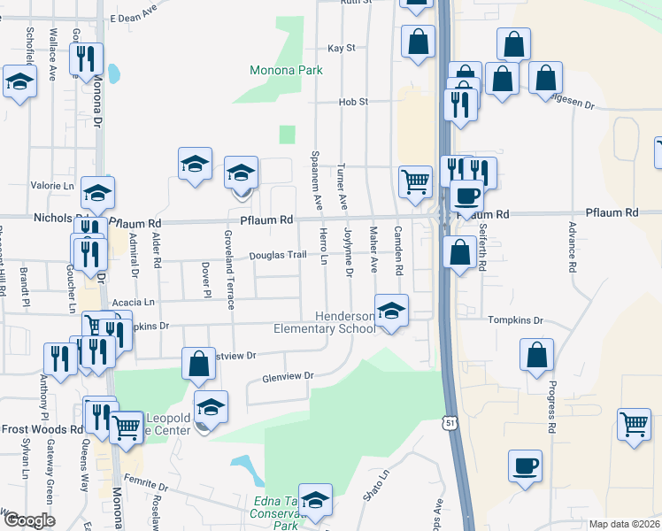 map of restaurants, bars, coffee shops, grocery stores, and more near 5404 Herro Lane in Madison